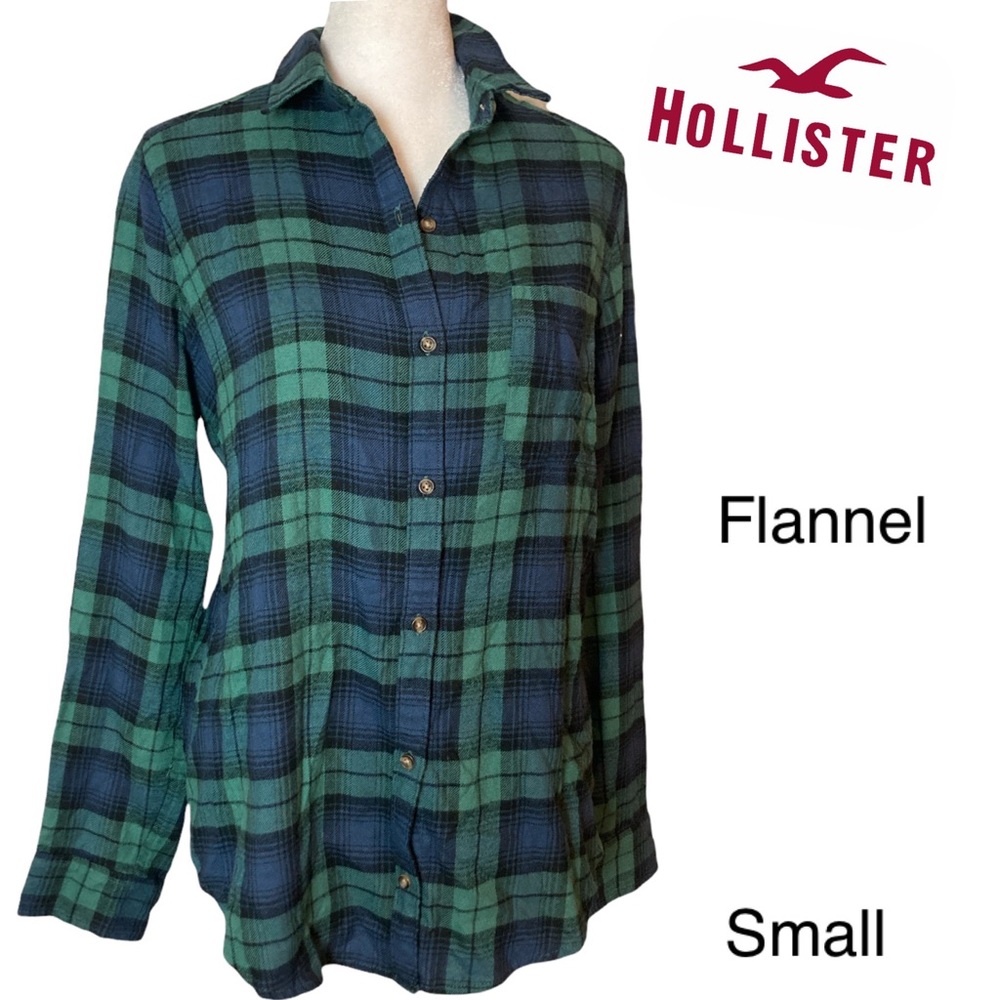 Hollister Women's Green & Black Cozy flannel Button Down Shirt Sz Small